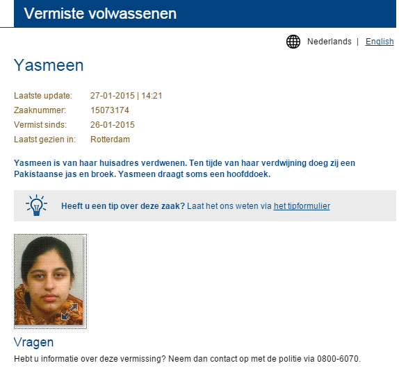 Bericht januari 2015 - Yasmeen wordt vermist